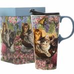 Seyahat Kahve Seramik Kupa Porselen Latte Çay Fincanı Hediye Kutusunda Kapaklı 500 ml Çiçek ve Kedi CEDAR HOME