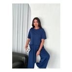 SEYAM Yumuşak Dokulu Kumaş Bisiklet Yaka T-shirt Bol Paça Pantalon Ikili Takım -Saks Mavi