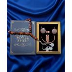 Seyhan Soylu Shop - Özel Tasarım Kitap Kutulu Kadın Bakır Takı Seti Ve Tesbih Kombini - Kolye Küpe Bileklik Yüzük 5 Parça Otantik Şık Hediy