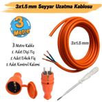 Seyyar 3 Metre Uzatma Kablosu Ttr Cca Çok Telli 3x1.5 mm Elektrik Kablo Kontrol Kalem Dişi Erkek Fiş - 176990p90 - Turuncu