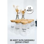 Sezka Life 12 Adet Bambu Kapaklı Borosilikat Baharatlık Kavanoz 30 Adet Suya Dayanıklı Şeffaf Etiket-6x12-300ml