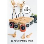 Sezka Life 12'li Bambu Kapaklı Bambu Kaşıklı Borosilikat Baharatlık Ve 21 Adet Suya Dayanıklı Etiket-6x9-200ml