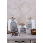 Sezka Life 3 Boy Bambu Kapaklı Vakumlu Çizgili Kavanoz Seti Baharatlık Takımı (TEA-SUGAR-COFFE)