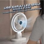Sezy USB Şarjlı Lambalı Masaüstü Mini Fan – 3 Kademeli Hız Ayarlı 180 Derece Vantilatör