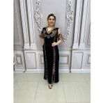 SF Yırtmaçlı Crystal Taşlı Elbise - SİYAH