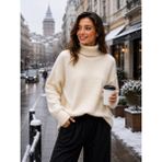 SFG Life Moda Kadın Balıkçı Yaka Tüylü Şardonlu Oversize Kazak - Bej - Standart