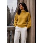 SFG Life Moda Kadın Balıkçı Yaka Tüylü Şardonlu Oversize Kazak - Hardal - Standart