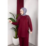 Sfg Life Moda Kadın Bordo Tesettür Giyim Zarif Taş Detaylı Tunik & Pantolon İkili Takım