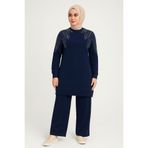 Sfg Life Moda Kadın Lacivert Tesettür Giyim Zarif Taş Detaylı Tunik & Pantolon İkili Takım