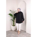 SFG Life Moda Kadın Önü Düğmeli Düz Çilek Kumaş Tunik Gömlek - XL - 2XL - Siyah