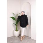 SFG Life Moda Kadın Önü Düğmeli ve Yan Bağcıklı Çilek Kumaş Tunik-Gömlek - M - L - Siyah