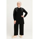 Sfg Life Moda Kadın Siyah Tesettür Giyim Zarif Taş Detaylı Tunik & Pantolon İkili Takım