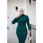 Sfg Life Moda Kadın Tesettür Giyim Akrilik Balıkçı Yaka Esnek Ve Slim Triko Kalem Elbise Zümrüt Yeşili Standart