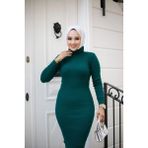 Sfg Life Moda Kadın Tesettür Giyim Akrilik Balıkçı Yaka Esnek Ve Slim Triko Kalem Elbise Zümrüt Yeşili Standart