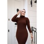 SFG Life Moda Kadın Tesettür Giyim Balıkçı Yaka ve Slim Model Triko Kalem Elbise - Standart - 0-Kahverengi