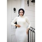 SFG Life Moda Kadın Tesettür Giyim Balıkçı Yaka ve Slim Model Triko Kalem Elbise - Standart - 113-Krem Rengi