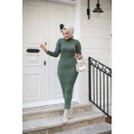 SFG Life Moda Kadın Tesettür Giyim Balıkçı Yaka ve Slim Model Triko Kalem Elbise - Standart - Haki