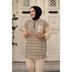Sfg Life Moda Kadın Tesettür Giyim Kapüşonlu Ve Önü Yarım Fermuarlı Çizgili 2 İplik Pantalon İle Tunik Takım Vizon 2XL