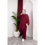 SFG Life Moda Kadın Tesettür Giyim Zarif Taş Detaylı Tunik & Pantolon Ikili Takım - Bordo - 2XL