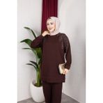 SFG Life Moda Kadın Tesettür Giyim Zarif Taş Detaylı Tunik & Pantolon Ikili Takım - Kahverengi - 2XL