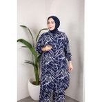 SFG Life Moda Kadın Tesettür Gömlek Yaka Karışık Çizgili Viskon Tunik-Pantolon Takım - 2XL - Lacivert
