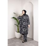SFG Life Moda Kadın Tesettür Gömlek Yaka Karışık Çizgili Viskon Tunik-Pantolon Takım - XL - Siyah