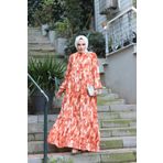 Sfg Life Moda KADIN TESETTÜR YAKASI ÖNDE PÜSKÜL VE KOL UCU LASTİKLİ DOKUMA VİSKON KUMAŞ EBRU DESENLİ ELBİSE
