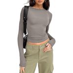 Sfit Uzun kollu tişört, dar kesim, kadın, Y2K üst giyim, uzun kollu, yuvarlak yaka, kırpılmış tişört, tek renkli, basic Crop Tops gündelik, atletik üst, genç, sokak giyimi, Açık gri, L