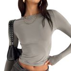 Sfit Uzun kollu tişört, dar kesim, kadın, Y2K üst giyim, uzun kollu, yuvarlak yaka, kırpılmış tişört, tek renkli, basic Crop Tops gündelik, atletik üst, genç, sokak giyimi, Açık gri, M