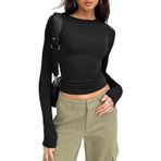 Sfit Uzun kollu tişört, dar kesim, kadın, Y2K üst giyim, uzun kollu, yuvarlak yaka, kırpılmış tişört, tek renkli, basic Crop Tops gündelik, atletik üst, genç, sokak giyimi, Siyah, M
