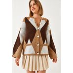 Shade Baklava Desenli Oversize Triko Hırka, Standart, 60261248, Kahverengi-Bej, Kadın