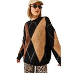 Shade Baklava Desenli Oversize Triko Kazak, Standart, 60351284, Siyah-Camel, Kadın