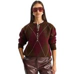Shade Baklava Desenli Triko Kazak, Standart, 20251089, Kahve-Bordo, Kadın