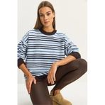 Shade Bisiklet Yaka Çizgili Oversize Triko Kazak, Standart, 60283680, Kahverengi-Mavi, Kadın