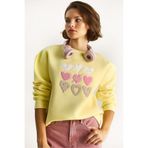 Shade Bisiklet Yaka Kalp Nakışlı Şardonlu Üç İplik Sweatshirt, L, 60283520, Limon Sarısı, kadın