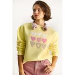 Shade Bisiklet Yaka Kalp Nakışlı Şardonlu Üç İplik Sweatshirt, M, 60283520, Limon Sarısı, kadın