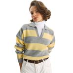 Shade Çizgili Polo Yaka Triko Kazak, Standart, 60283700, Gri-Sarı, Kadın