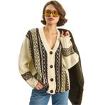 Shade Etnik Desenli Oversize Triko Hırka, Standart, 60283576, Krem, Kadın