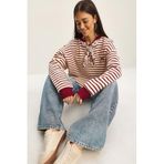 Shade Fular Detaylı Leopar Nakışlı Çizgili Oversize Sweatshirt, L, 60283818, Ekru-Bordo, kadın