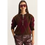 Shade Kadın 11 Düğmeli Baklava Desenli Basic Triko Kazak - Kahve - Bordo - Standart
