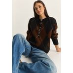 Shade Kadın 11 Düğmeli Baklava Desenli Basic Triko Kazak - Siyah - Kahverengi - Standart