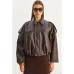 Shade Kadın Apolet Detaylı Cepli Oversize Suni Deri Bomber Ceket - Acı Kahve