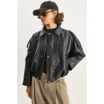 Shade Kadın Apolet Detaylı Cepli Oversize Suni Deri Bomber Ceket - Siyah - XL