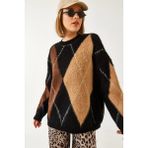 Shade Kadın Baklava Desenli Oversize Triko Kazak - Siyah - Camel - Standart