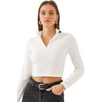 Shade Kadın Balıkçı Yaka Yarım Fermuarlı Fitilli Crop Bluz 60351019, Beyaz, M