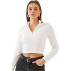 Shade Kadın Balıkçı Yaka Yarım Fermuarlı Fitilli Crop Bluz 60351019, Beyaz, S