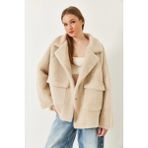 Shade Kadın Çift Cepli Oversize Peluş Mont - Bej - Standart