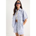 Shade Kadın Çizgili Oversize Saçaklı Gömlek Cep Detaylı Beli Lastikli Şort Takım DT251021 60283390, Mavi-Beyaz, L