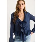 Shade Kadın Dokulu Volanlı Hafif Transparan Modal Bluz 60282030, Lacivert, 38