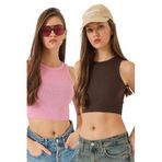 Shade Kadın Fitilli Kaşkorse İkili Bluz 60201022, Kahverengi-Pembe, S